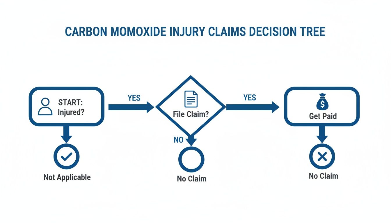 A flowchart showing the decision process for carbon monoxide injury claims.
