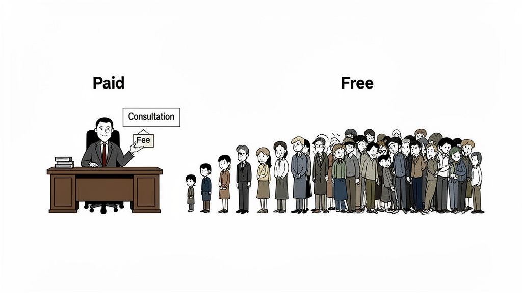 Illustration comparing few clients for paid consultation versus a massive crowd for free consultation.