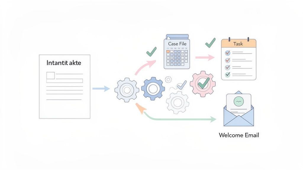 Diagram shows document processing with gears, leading to a case file, tasks, and a welcome email.