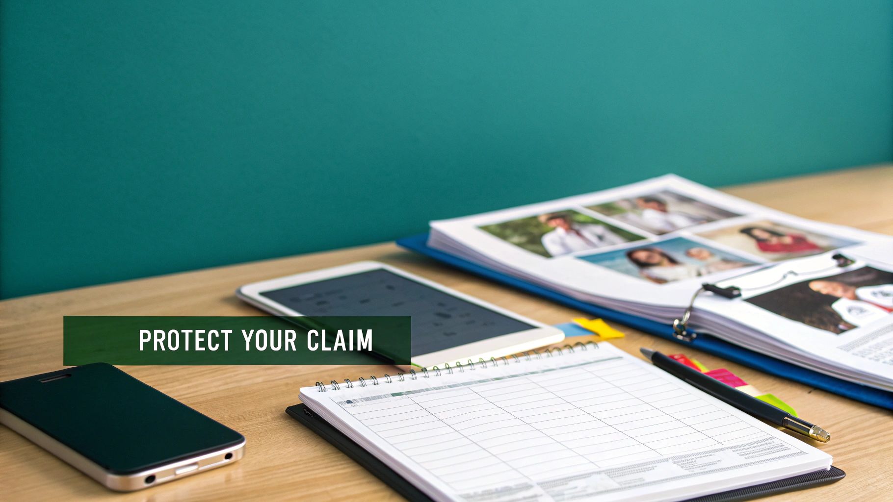 A person writing in a notebook, documenting details for their personal injury claim.