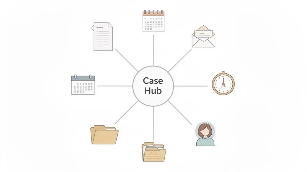 A central 'Case Hub' connects various icons representing documents, calendars, messages, time, people, and folders.