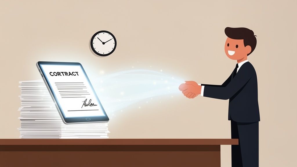 Businessman happily uses a tablet with an electronic contract, replacing a large stack of paper documents.