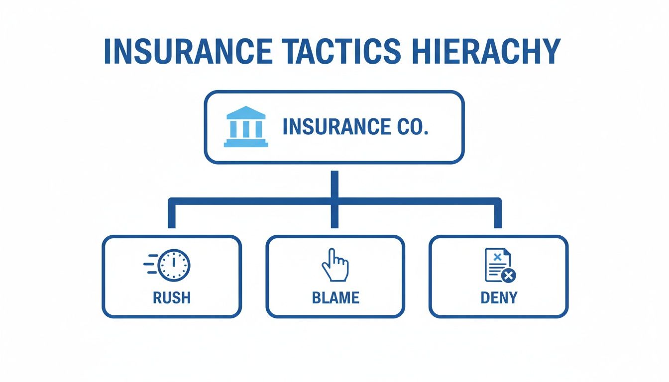 A hierarchy chart depicting common insurance company tactics: Rush, Blame, and Deny.