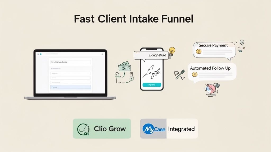 Visualizing a fast client intake funnel with digital forms, e-signatures, secure payments, and automated follow-ups, featuring Clio Grow and MyCase integrations.