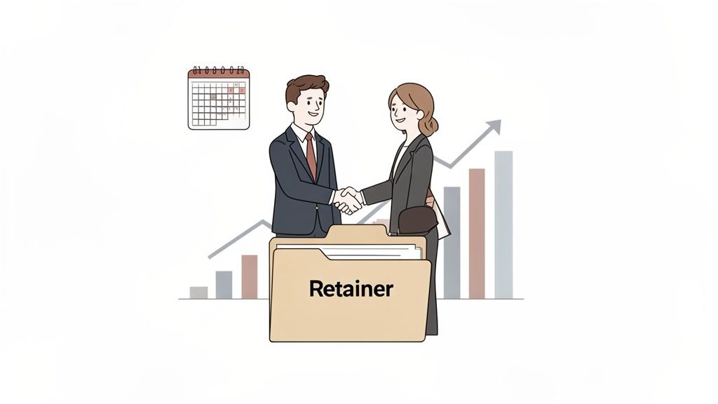 Two business people shake hands over a retainer folder, symbolizing a long-term agreement and business growth, with a calendar.