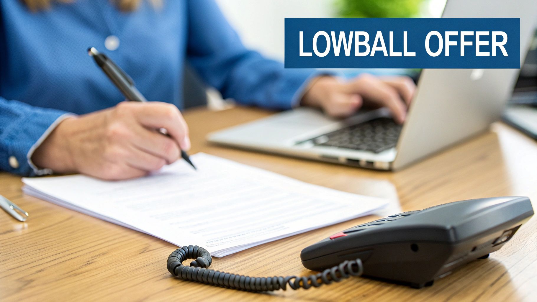 A person writes on papers and types on a laptop, with a 'LOWBALL OFFER' banner visible.