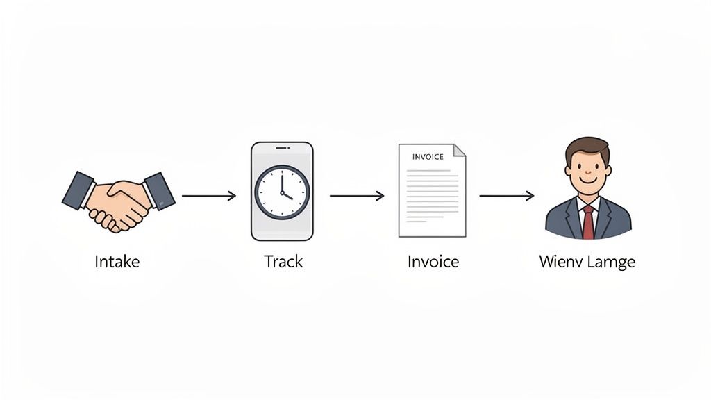A workflow diagram showing steps: client intake, time tracking on a phone, invoicing, and a happy professional.