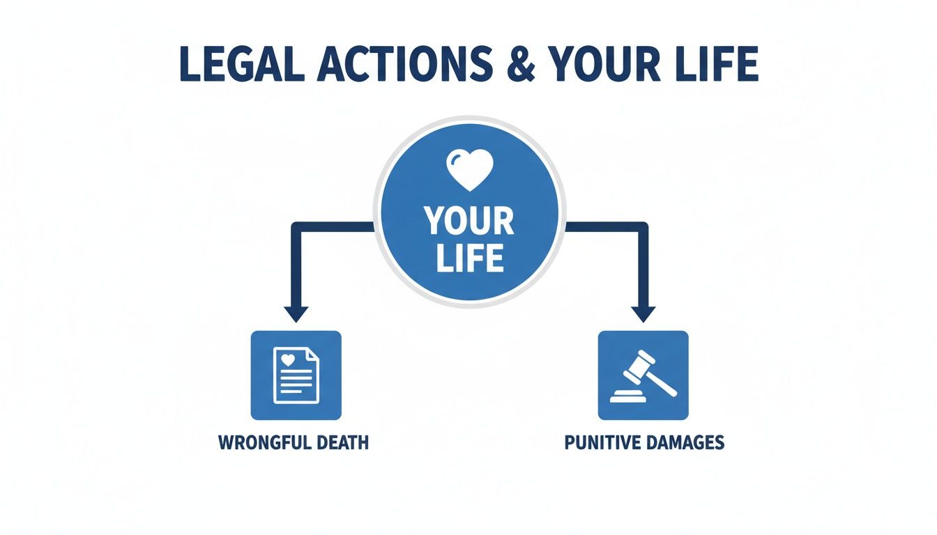 Diagram showing how legal actions like wrongful death and punitive damages are related to your life.