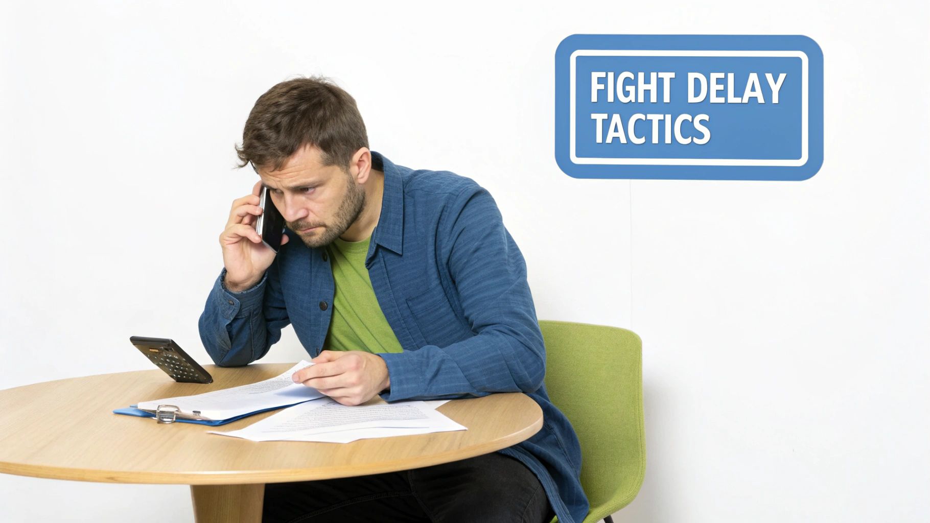 Concerned man on the phone, looking at documents with a calculator, under a "FIGHT DELAY TACTICS" sign.