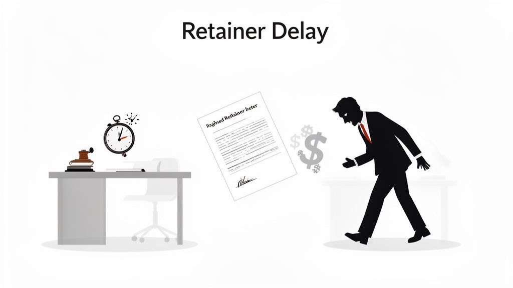 Illustration showing 'Retainer Delay' with an alarm clock, signed letter, and a frustrated businessman losing money.