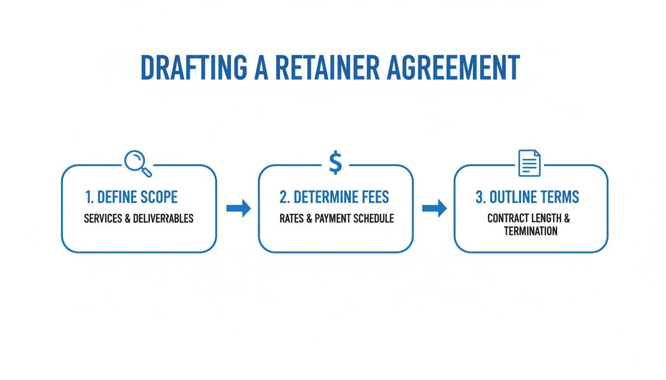 Flowchart detailing three steps for drafting a retainer agreement: define scope, determine fees, and outline terms.