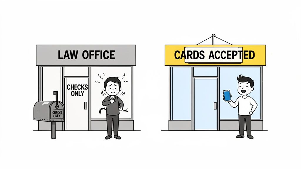 Cartoon contrasting two businesses: a 'CHECKS ONLY' law office with a stressed man, and a 'CARDS ACCEPTED' office with a happy man holding a phone.