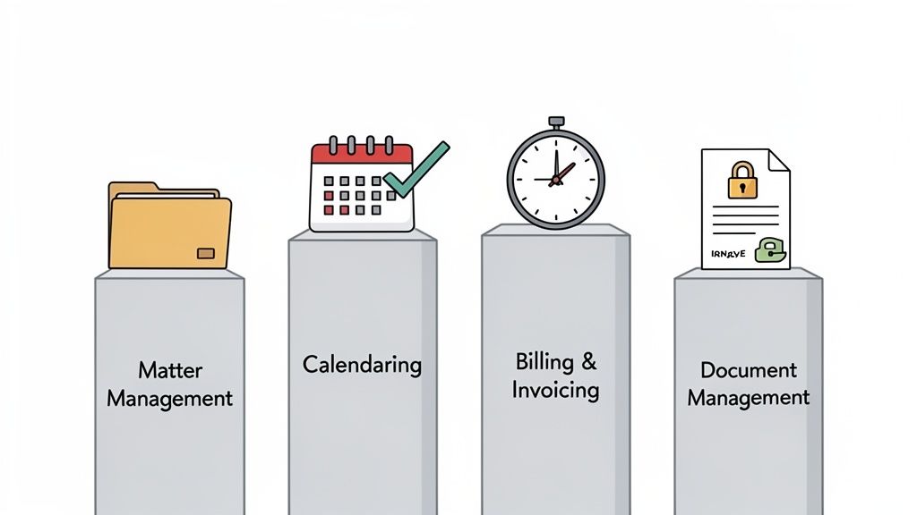 Four pillars illustrating key legal practice management software features: matter management, calendaring, billing, and document management.