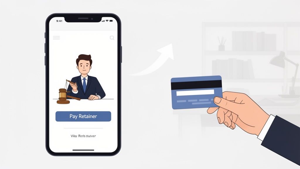 A smartphone app displays a lawyer and a 'Pay Retainer' button, with a hand holding a credit card for online payment.