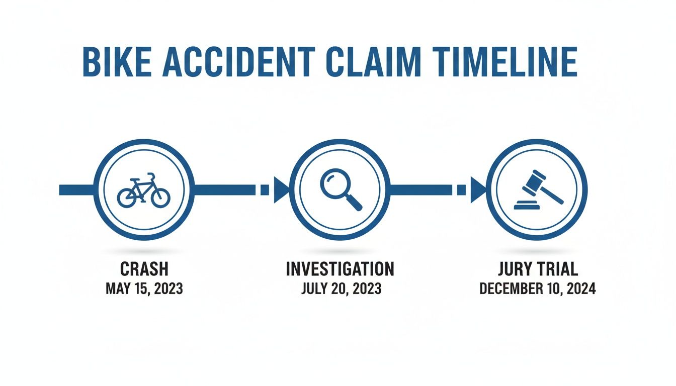 Timeline illustrating the stages of a bike accident claim from crash to jury trial.