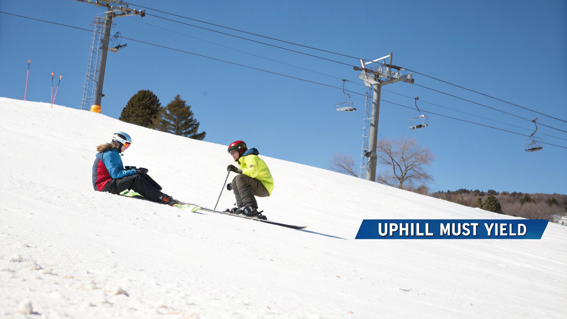 Two skiers on a sunny day on a snow-covered mountain slope with ski lifts in the background.