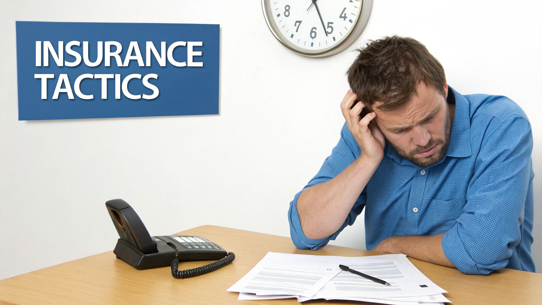 A stressed man at a desk with 'INSURANCE TACTICS' sign, reviewing documents with a pen.