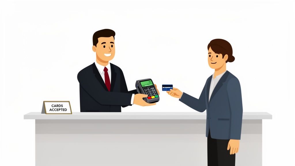 A man offers a payment terminal to a woman with a credit card at a counter.