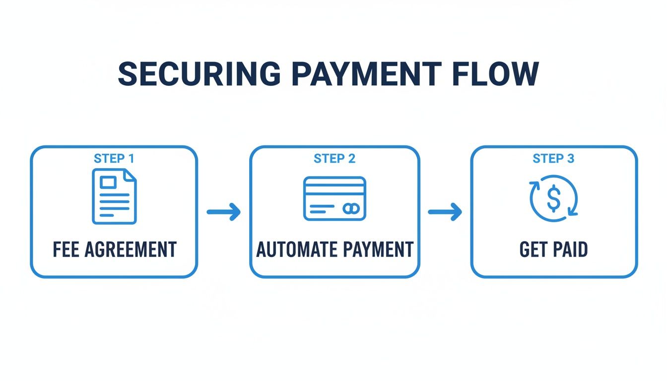 A three-step diagram illustrating a secure payment flow: fee agreement, automate payment, and getting paid.