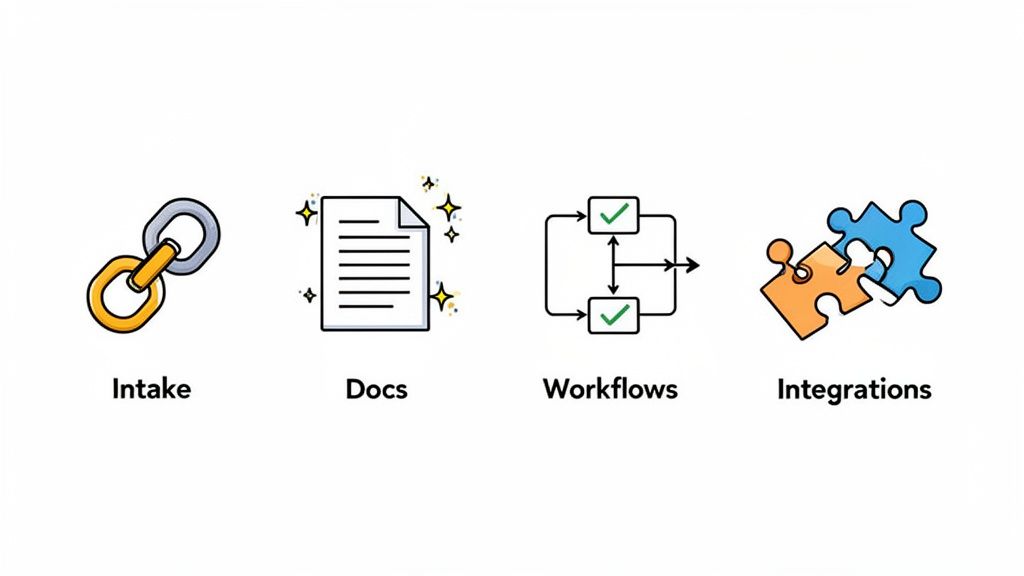 Visual representation of law firm automation software features: intake, documents, workflows, and integrations.