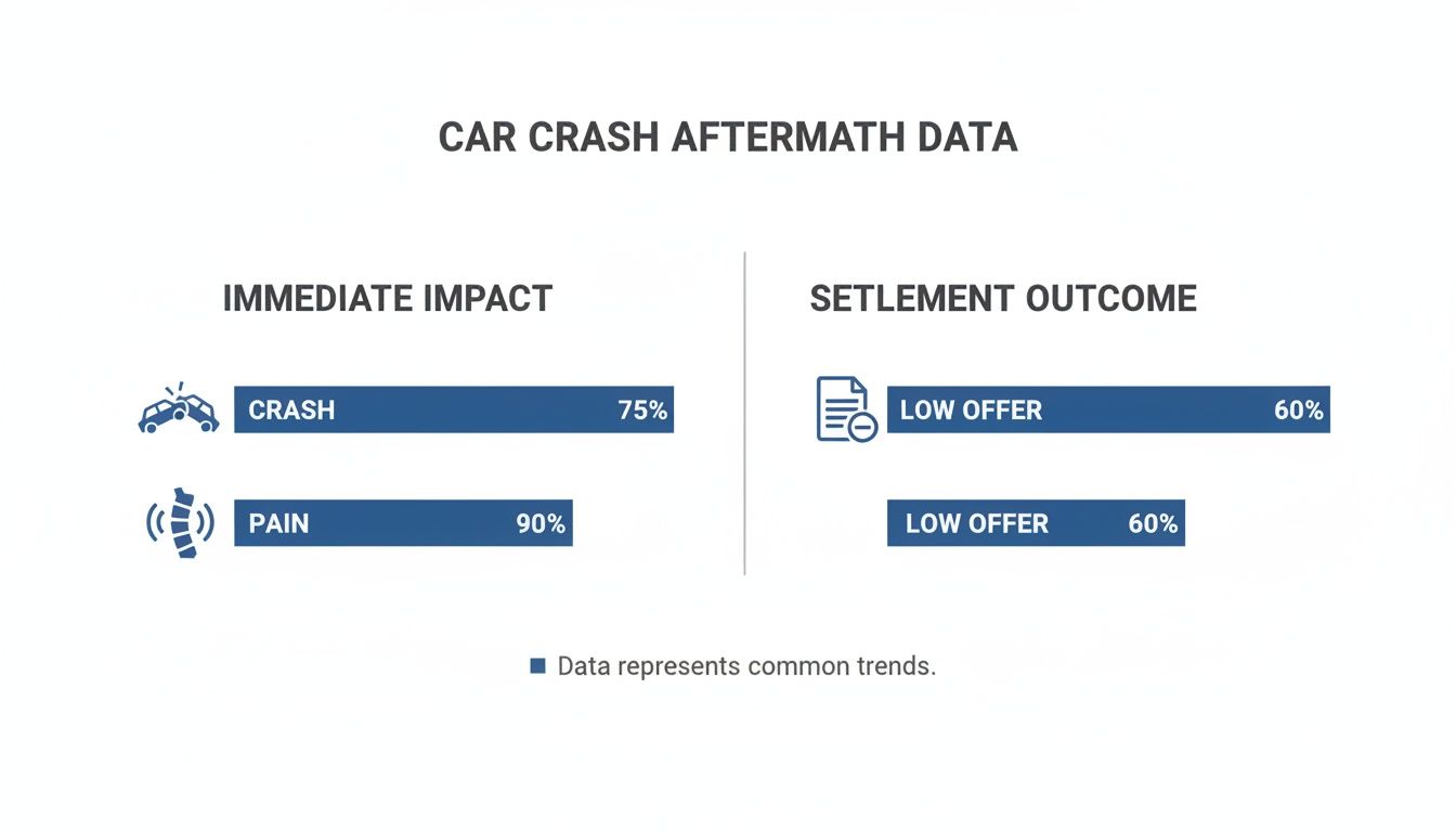Infographic detailing car accident statistics: 75% crash, 90% pain, and 60% low settlement offers.