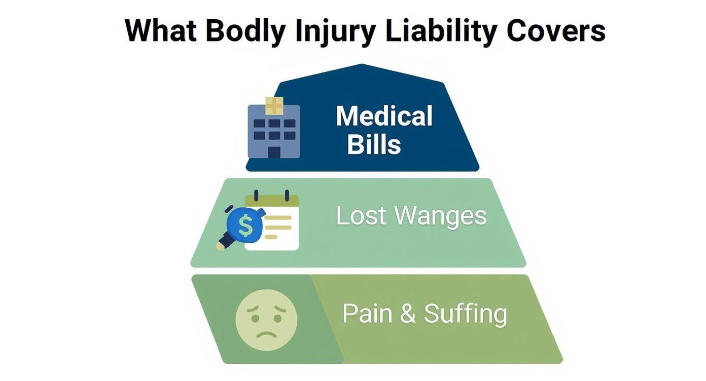 An infographic showing that Bodily Injury Liability covers Medical Bills, Lost Wages, and Pain & Suffering.