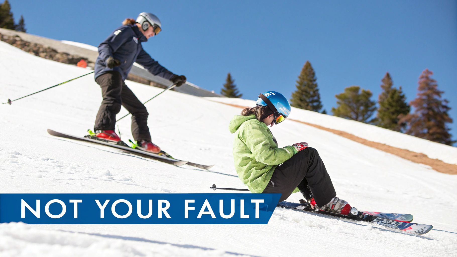 Two skiers on a snowy mountain slope, one standing and one sitting on the ground after a fall.