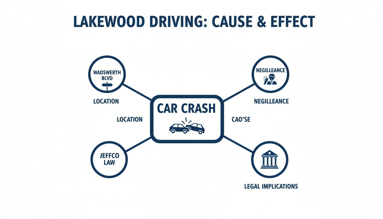 Diagram illustrating a car crash, its causes, locations, and legal implications in Lakewood driving.