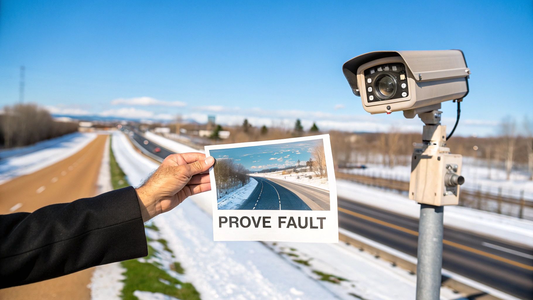 A hand holds a 'PROVE FAULT' photo of a snowy road, with a surveillance camera overlooking a winter highway.