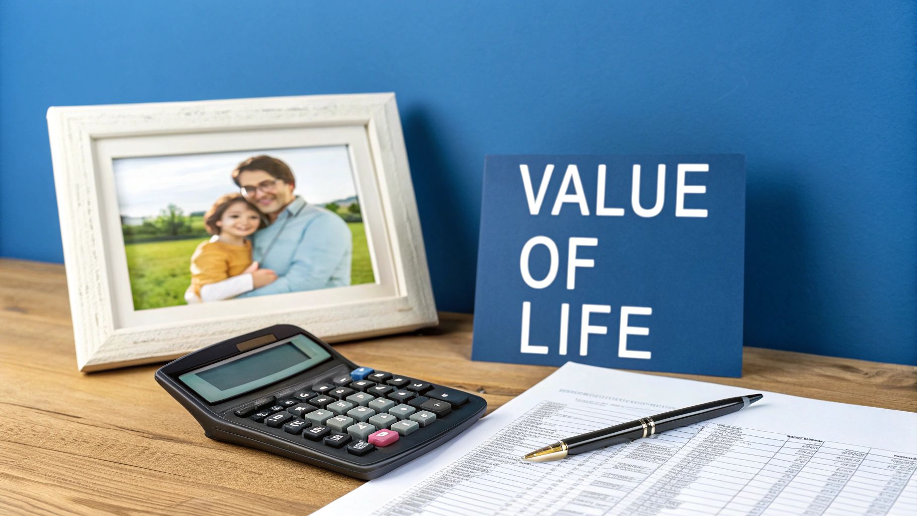 A desk with a family photo, calculator, financial document, and a 'VALUE OF LIFE' sign, representing life insurance planning.
