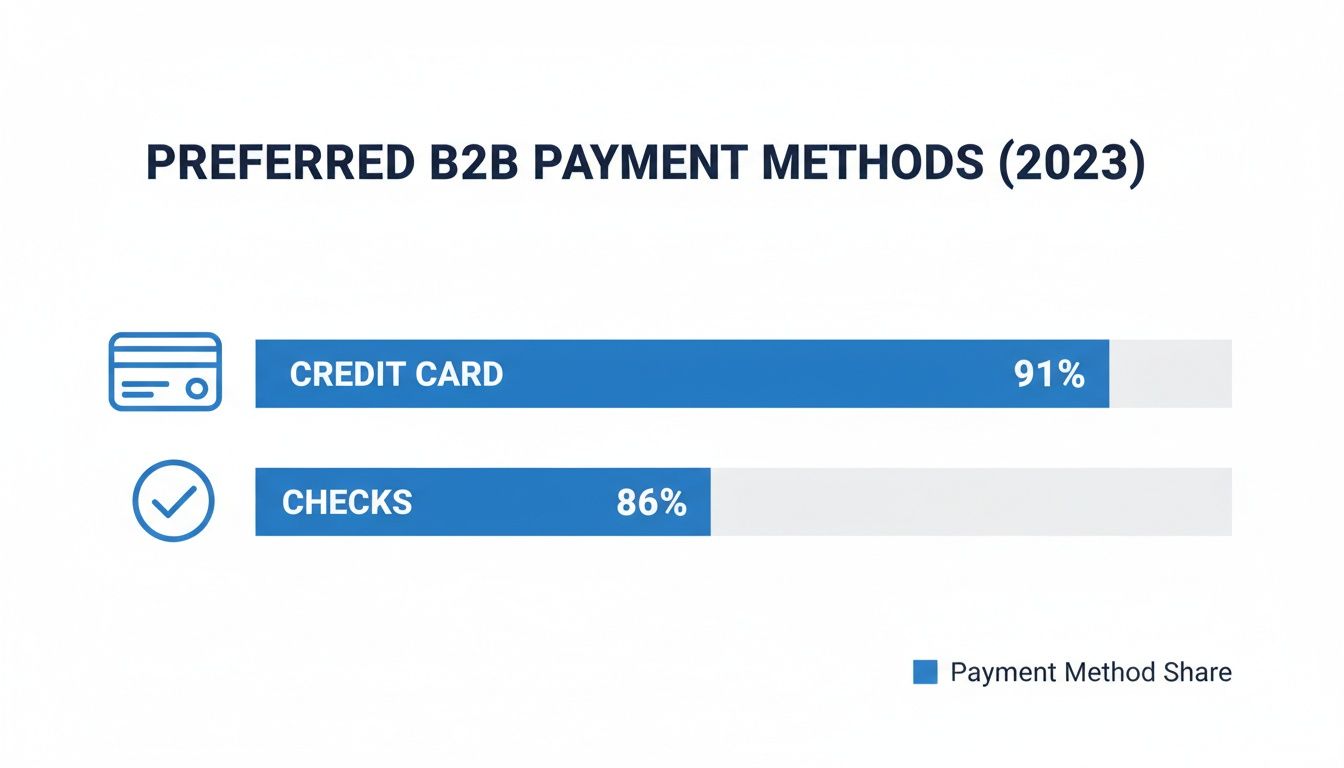 A bar chart showing preferred B2B payment methods for 2023, with credit cards at 91% and checks at 86%.