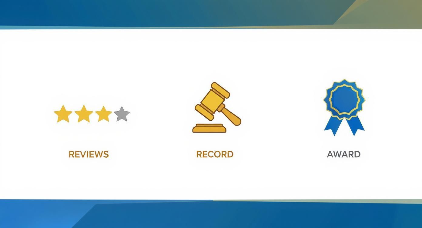 Three icons representing reviews with stars, legal record with gavel, and award with blue ribbon
