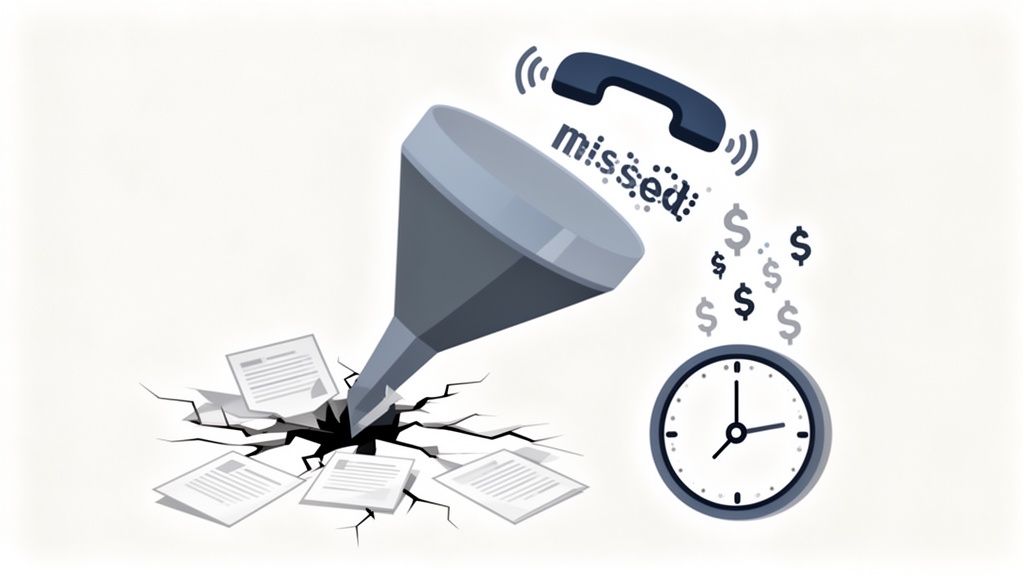 Illustration of a broken funnel, scattered papers, a ringing phone, 'missed' calls, falling money, and a clock, symbolizing business losses.