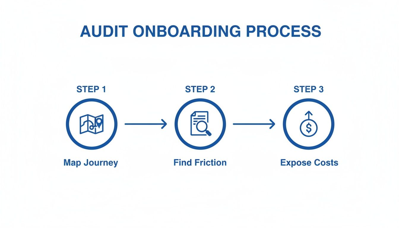 Flowchart detailing a three-step audit onboarding process: Map Journey, Find Friction, Expose Costs.