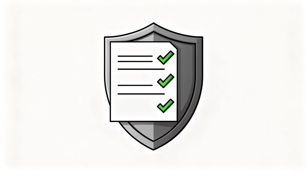 A grey shield with a white document featuring green checkmarks, symbolizing legal compliance and protection.
