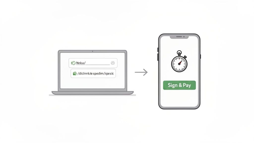 Laptop showing secure login fields, transitioning to a smartphone with a stopwatch and 'Sign & Pay' button.