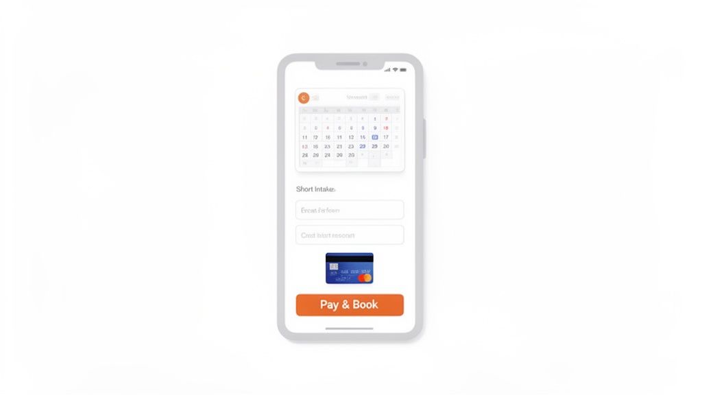 A smartphone app interface for booking, featuring a calendar, intake forms, credit card input, and 'Pay & Book' button.