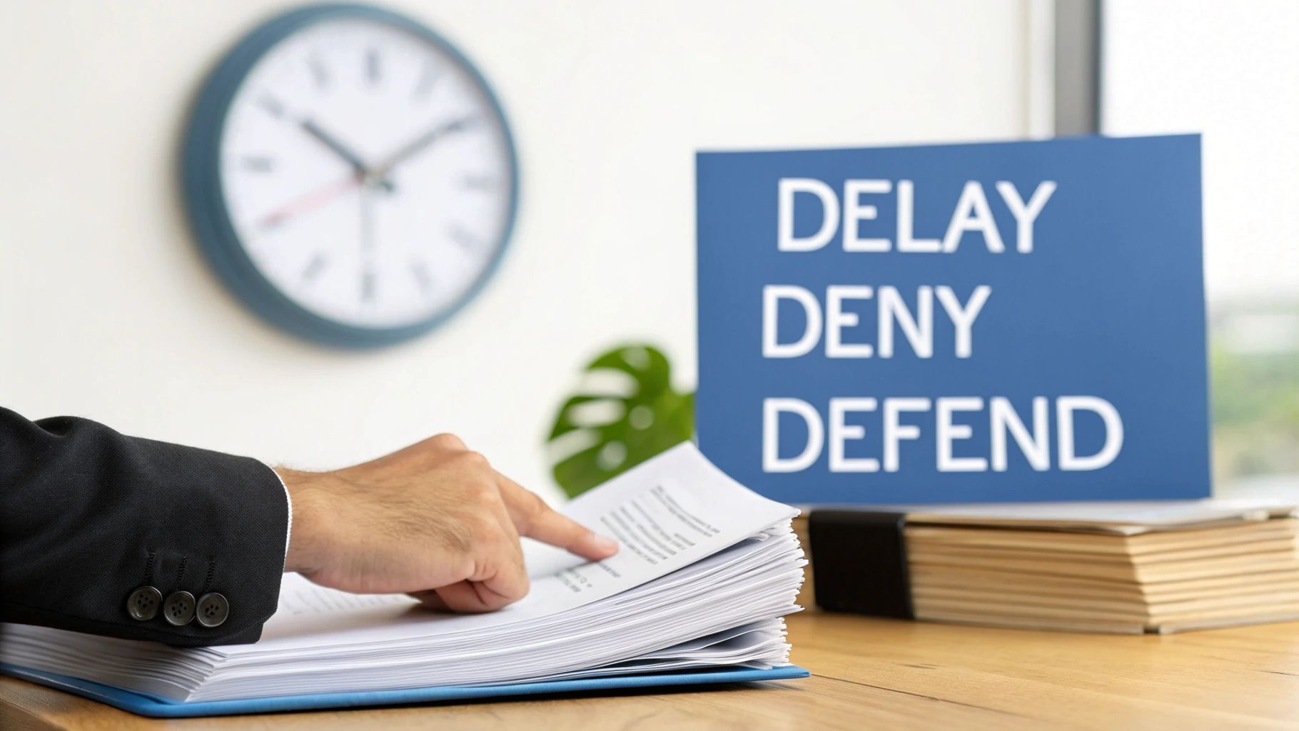Businessman pointing at documents with 'DELAY DENY DEFEND' sign and clock in office.