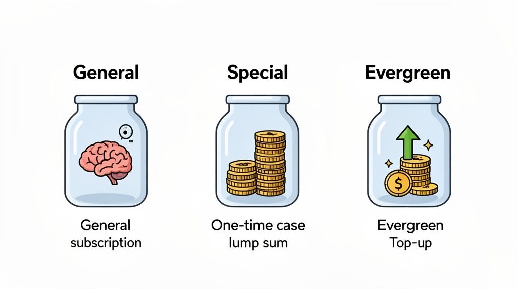 Three jars illustrate legal payment models: general subscription, one-time lump sum, and evergreen top-up.