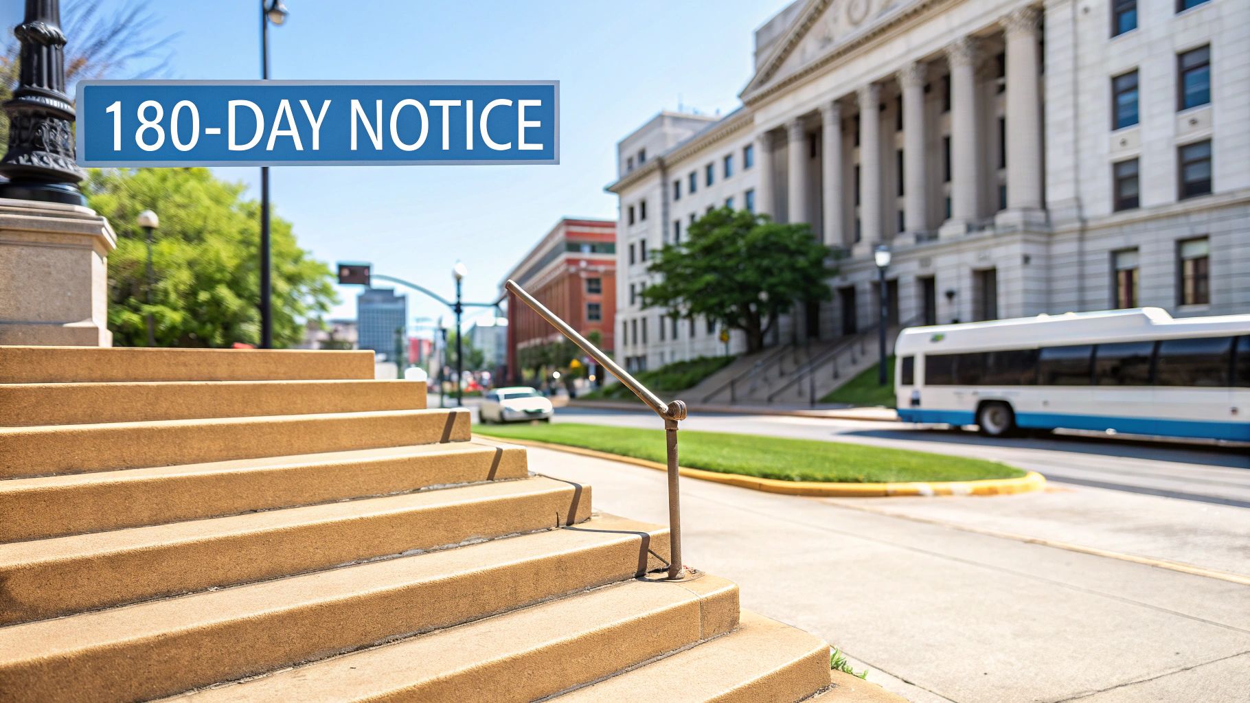 A 180-day notice sign overlooks concrete steps leading to a courthouse with a bus on the street.