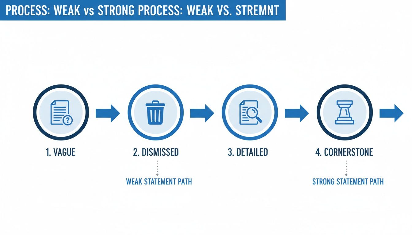 Flowchart illustrating weak vs. strong statement paths: vague to dismissed, or detailed to cornerstone.