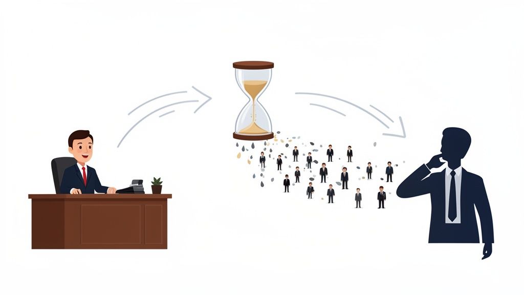 A man at a desk, an hourglass showing time passing as people emerge, leading to a thoughtful silhouette.