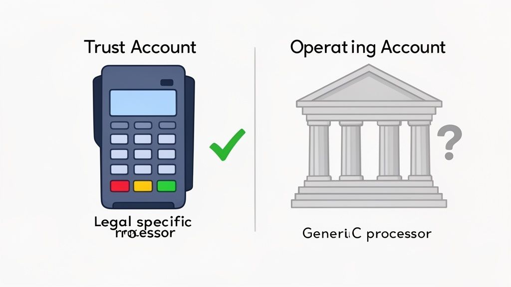 Illustration comparing legal-specific payment processing for trust accounts versus generic processing for operating accounts.