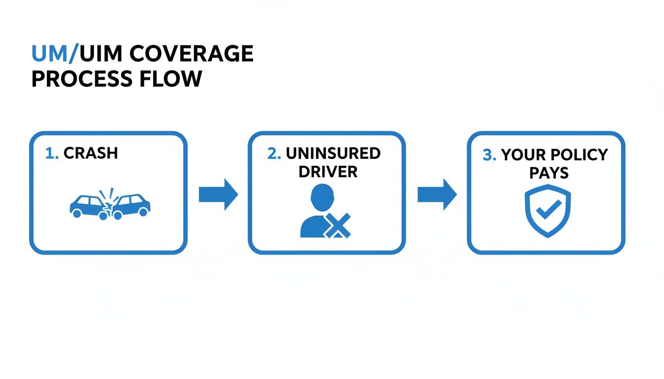 A process flow diagram illustrating UM/UIM coverage steps: crash, uninsured driver, and policy pays.