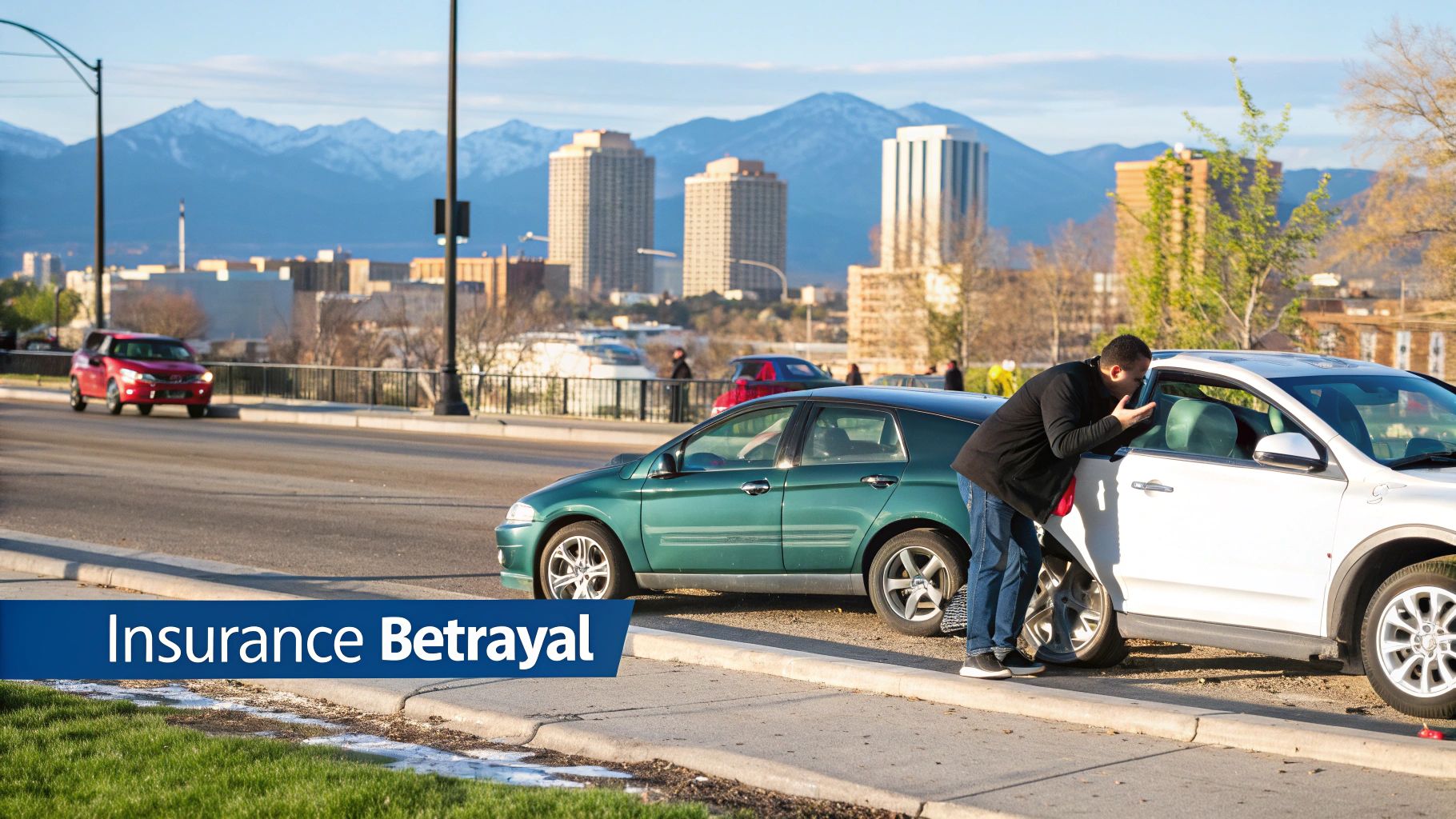 Man inspecting damage on a white SUV after a car accident, with mountains and city buildings in the background.