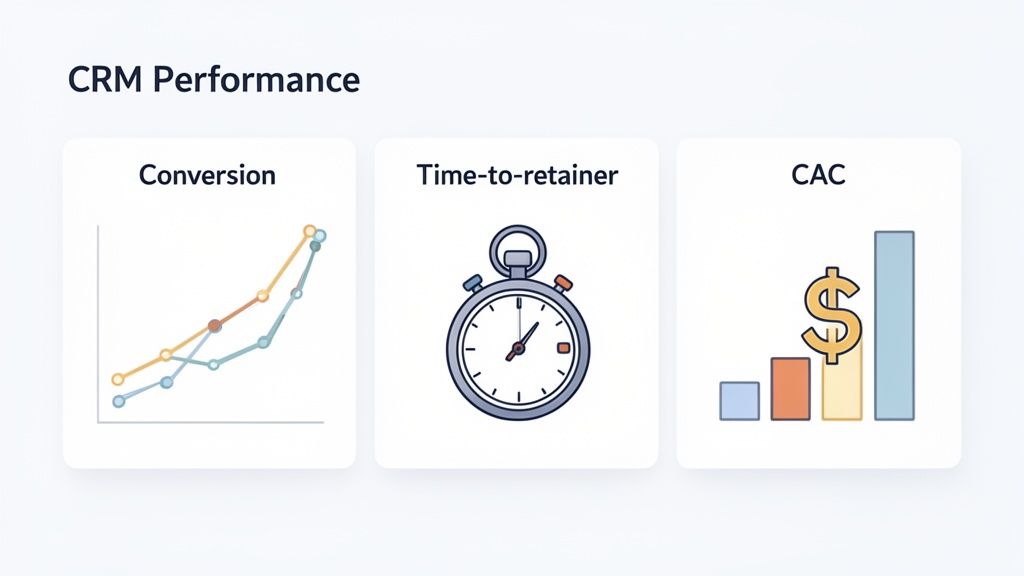 CRM Performance dashboard displaying key metrics: conversion rate, time-to-retainer, and customer acquisition cost.