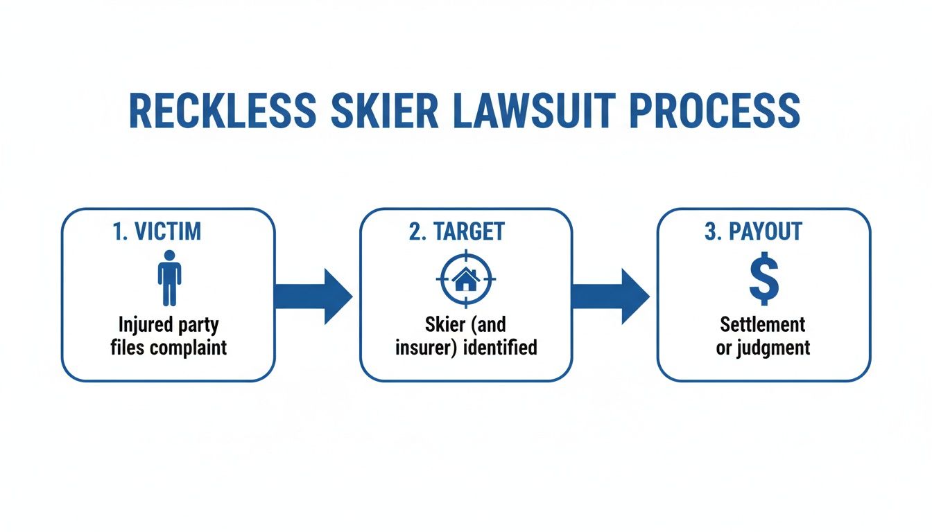 Flowchart illustrating the reckless skier lawsuit process from victim complaint to payout.