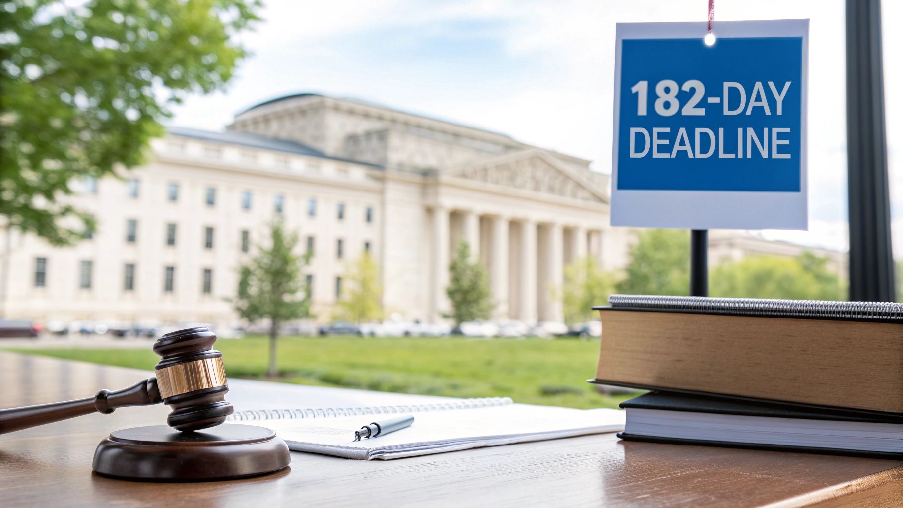 Gavel, notebooks, and a '182-DAY DEADLINE' sign with a courthouse in the background.