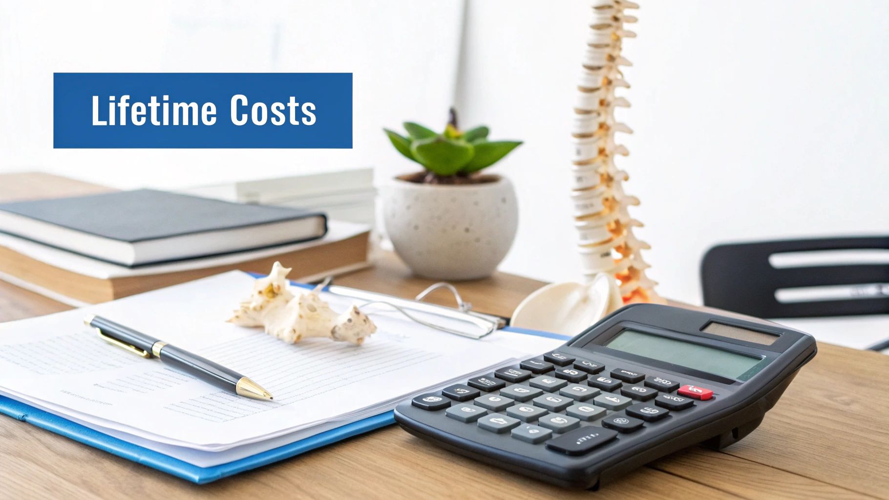 A desk setup with a 'Lifetime Costs' banner, calculator, spine model, and documents, suggesting medical expenses calculation.