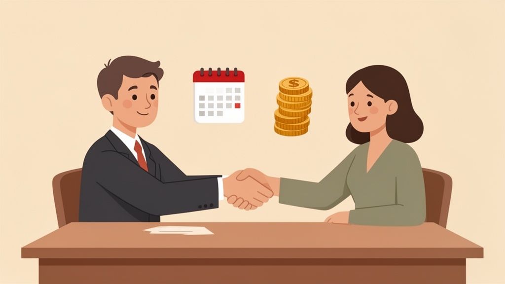 A man and woman shaking hands across a desk, symbolizing a business agreement or payment plan.